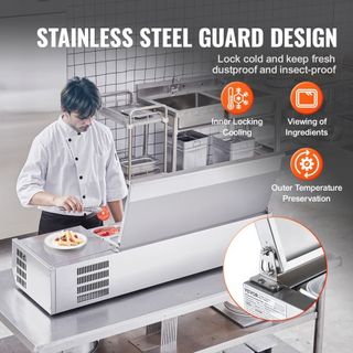 Estación de Preparación de Condimentos Refrigerada, Estación de Condimentos Refrigerada de Encimera de 150 W, con 3 Bandejas de 1/3 y 4 Bandejas de 1/6, Cuerpo de Acero Inoxidable 304 y Tapa de PC...