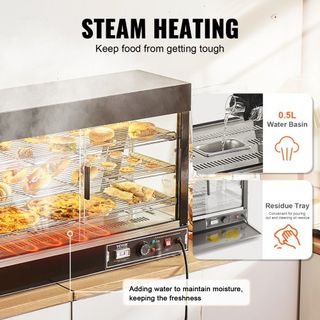 Exhibidor de Comida Caliente Comercial de 3 Niveles, Calentador de Exhibición de Comida de 1500W con Luz, Estante Ajustable y Pantalla de Temperatura, 30℃~85℃ Calentamiento por Vapor, 130L para Ha...