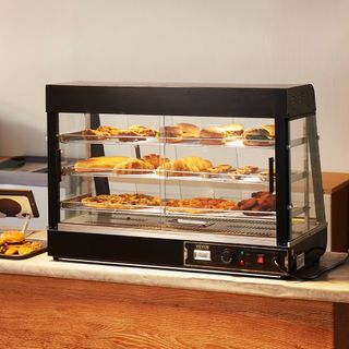 Exhibidor de Comida Caliente Comercial de 3 Niveles, Calentador de Exhibición de Comida de 1500W con Luz, Estante Ajustable y Pantalla de Temperatura, 30℃~85℃ Calentamiento por Vapor, 130L para Ha...