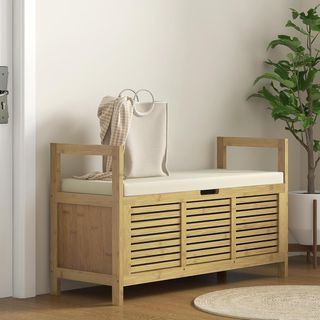 Banco Zapatero de Listones para Entrada con Diseño Plegable, Mueble para Zapatos de Madera de Bambú, 100X40X60 Cm, Color Madera