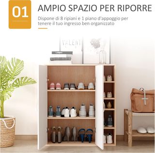Zapatero Slim de Pared, Mueble Multiusos con 2 Puertas y Estantes Regulables para Dormitorio y Entrada, en Madera, 80X32X91Cm