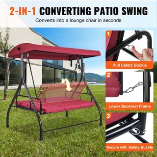 Silla Colgante de Patio para 3 Personas, Columpio con Dosel Convertible, Patio Exterior con Dosel Ajustable, Cojín Grueso Removible y Estructura de Acero Aleado, para Balcón, Jardín, Junto a la Pi...