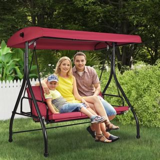 Silla Colgante de Patio para 3 Personas, Columpio con Dosel Convertible, Patio Exterior con Dosel Ajustable, Cojín Grueso Removible y Estructura de Acero Aleado, para Balcón, Jardín, Junto a la Pi...