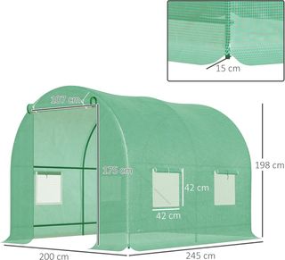 Invernadero de Jardín en Túnel con Puerta Enrollable, Invernadero para Huerto con 4 Ventanas de PE, Estructura de Tubo de Acero Pintado y 2 Refuerzos Diagonales, 2.5X2X2M, Verde