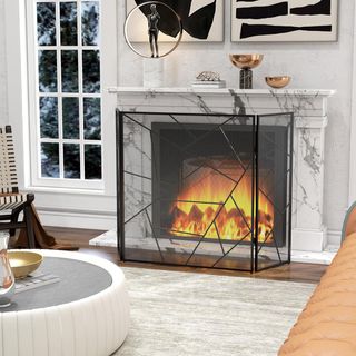 Rejilla Parascintille para Chimenea Plegable de 3 Paneles, Pantalla para Chimenea de Acero con Diseño Geométrico, 135X1.2X85Cm, Negro