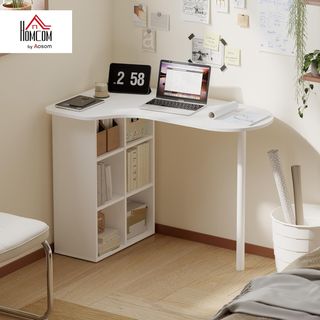 Escritorio Ahorrador de Espacio, Escritorio Pequeño Con 6 Compartimentos, 4 Estantes Regulables Y Mesa Curva, Mesa de Ordenador para Casa, Estudio Y Oficina, 100X59X75.5 Cm, Blanco