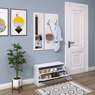 Conjunto de Muebles de Entrada 3 Piezas con Banco Zapatero, Perchero de Pared y Espejo, Armario para Dormitorio y Pasillo en Madera, 80X27X46.5 Cm, Blanco