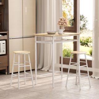 Conjunto de Barra con 2 Taburetes Altos de Madera Estilo Nórdico, Mesa Alta con Estante y Taburetes de Cocina con Reposapiés, Blanco