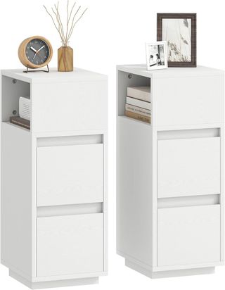 Juego De 2 Mesitas De Noche Estrechas Y Altas Con 2 Cajones Y Estante Abierto, Mesitas Modernas Ahorra Espacio, Mesas Para Sofá, Sala De Estar, Salón Y Dormitorio, 25X30X65 Cm, Blanco