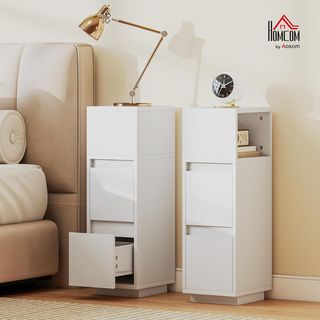 Juego De 2 Mesitas De Noche Estrechas Y Altas Con 2 Cajones Y Estante Abierto, Mesitas Modernas Ahorra Espacio, Mesas Para Sofá, Sala De Estar, Salón Y Dormitorio, 25X30X65 Cm, Blanco