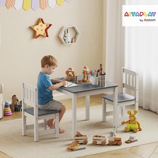 Conjunto de Mesa y 2 Sillas para Niños de 3 a 8 Años, Mesa para Niños con Sillas con Respaldo de Listones, Esquinas Redondeadas, en Madera de Pino y MDF para Habitación y Sala de Estar, Gris y Blanco
