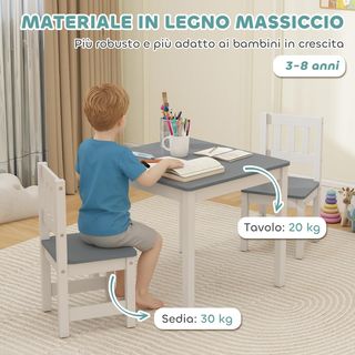 Conjunto de Mesa y 2 Sillas para Niños de 3 a 8 Años, Mesa para Niños con Sillas con Respaldo de Listones, Esquinas Redondeadas, en Madera de Pino y MDF para Habitación y Sala de Estar, Gris y Blanco