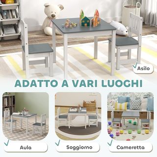 Conjunto de Mesa y 2 Sillas para Niños de 3 a 8 Años, Mesa para Niños con Sillas con Respaldo de Listones, Esquinas Redondeadas, en Madera de Pino y MDF para Habitación y Sala de Estar, Gris y Blanco