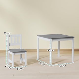 Conjunto de Mesa y 2 Sillas para Niños de 3 a 8 Años, Mesa para Niños con Sillas con Respaldo de Listones, Esquinas Redondeadas, en Madera de Pino y MDF para Habitación y Sala de Estar, Gris y Blanco