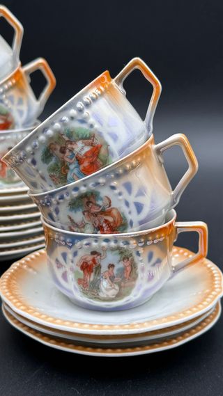 Servizio Caffè Porcellana Antica Scene Romantiche