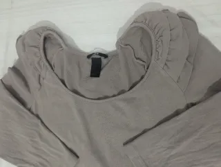 Top H&M tortora fango L cotone manica 3/4 volant