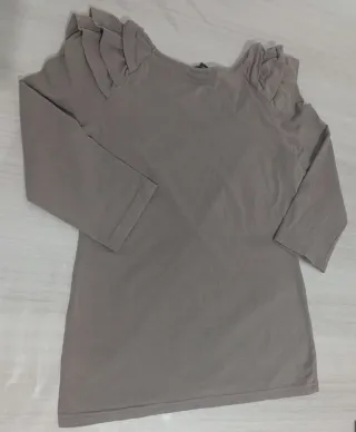 Top H&M tortora fango L cotone manica 3/4 volant