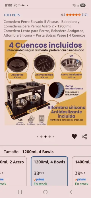 Tofi Pets Comedero Perro Elevado 4 Bowls