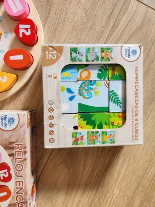 Lote 3 Juguetes Madera: Reloj, Cubos, Rompecabezas