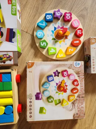 Lote 3 Juguetes Madera: Reloj, Cubos, Rompecabezas