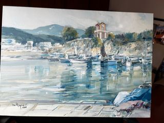 Cuadro Pintado a Mano Puerto y Barcos 66x46cm