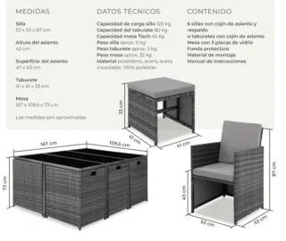 Conjunto mesa y 10 sillas ratán marrón