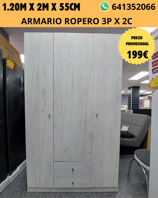 Armario Ropero 3 Puertas 2 Cajones
