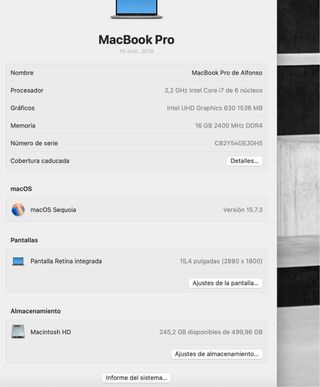 MacBook Pro 15” 2018 i7 · 16GB RAM · 512GB SSD