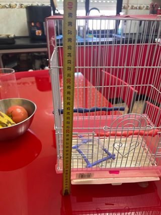 Jaula para pájaros roja y blanca