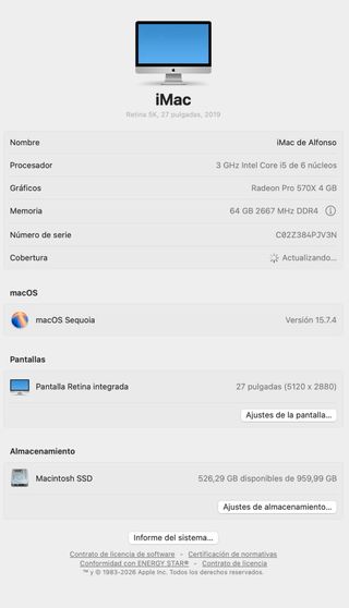 iMac 27 Retina 5K (2019) 64GB RAM SSD 1TB + HHD1TB