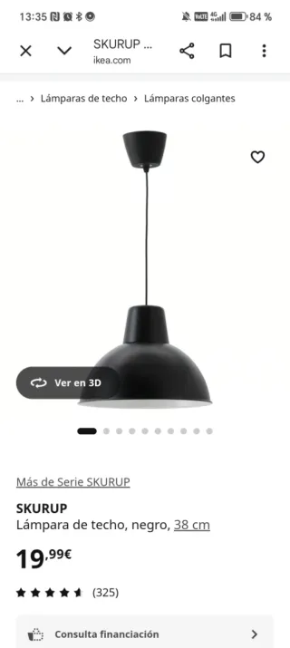 Lámpara de techo Ikea negra. Precio original 20 e.