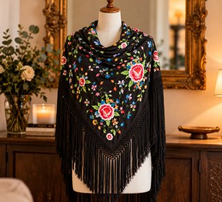 Mantón de manila negro bordado floral sin estrenar