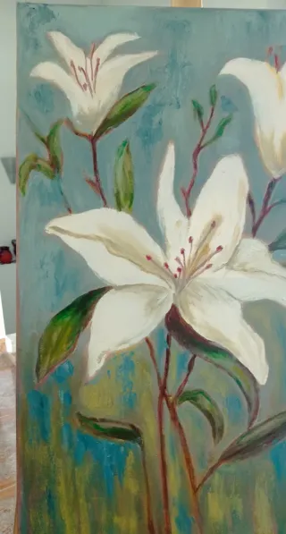 Cuadro óleo flores blancas y azules