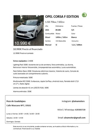 🔥 Opel Corsa F Edition 2021 Diésel IVA DEDUCIBLE