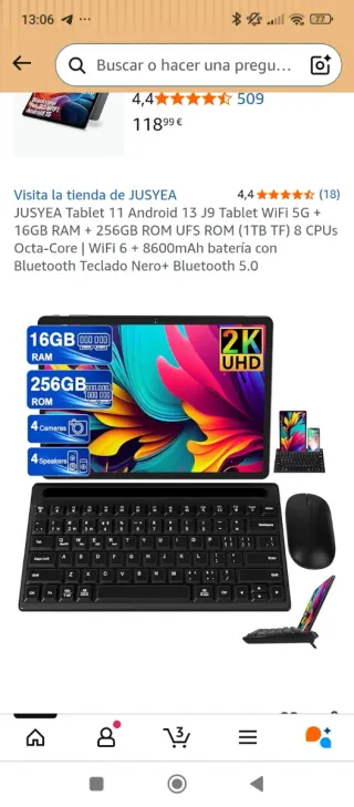 Tablet JUSYEA J9 16GB RAM 256GB ROM Nero