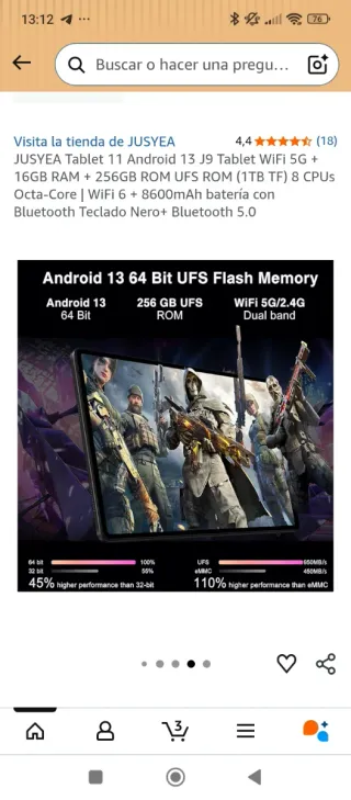 Tablet JUSYEA J9 16GB RAM 256GB ROM Nero