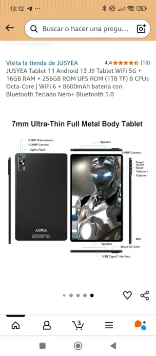 Tablet JUSYEA J9 16GB RAM 256GB ROM Nero