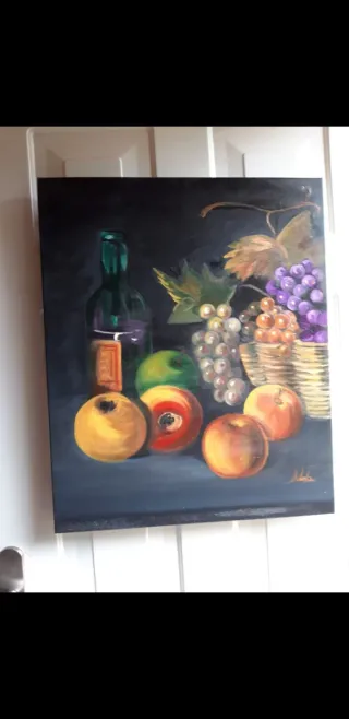 Cuadro óleo bodegón frutas y vino.