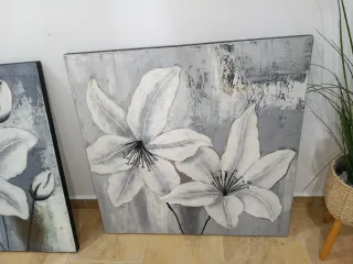 Set 2 Cuadros Flores Oleo Gris Blanco