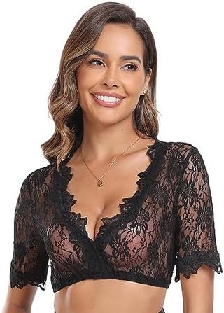 Top Encaje Floral Negro Manga Corta Fiesta