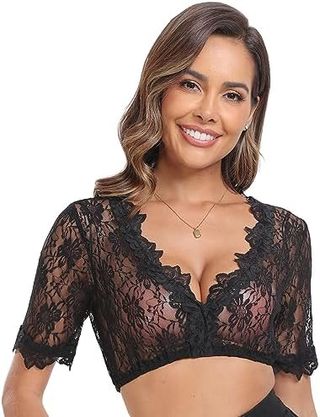 Top Encaje Floral Negro Manga Corta Fiesta