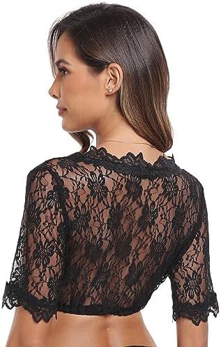 Top Encaje Floral Negro Manga Corta Fiesta
