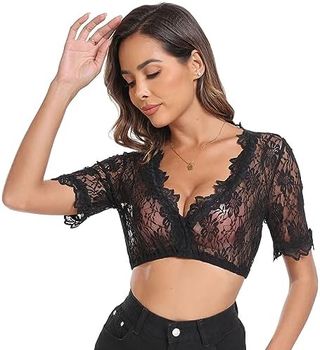 Top Encaje Floral Negro Manga Corta Fiesta