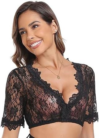 Top Encaje Floral Negro Manga Corta Fiesta
