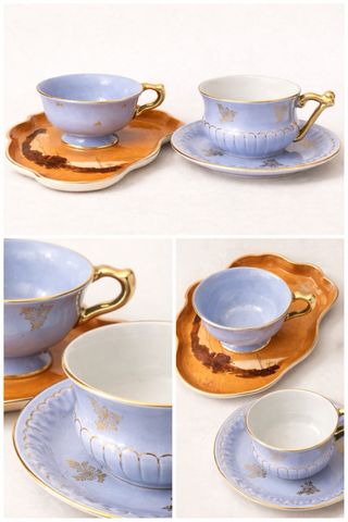 Conjunto 2 Chávenas com Pratos Cerâmica Azul Doura