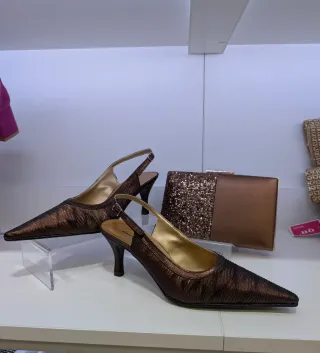 Zapatos Slingback Tacón Stiletto Marrón Dorado