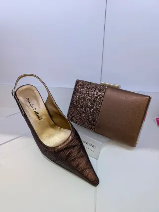 Zapatos Slingback Tacón Stiletto Marrón Dorado