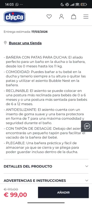 Bañera Bubble Nest o Trona de ducha Chicco 6-12 m