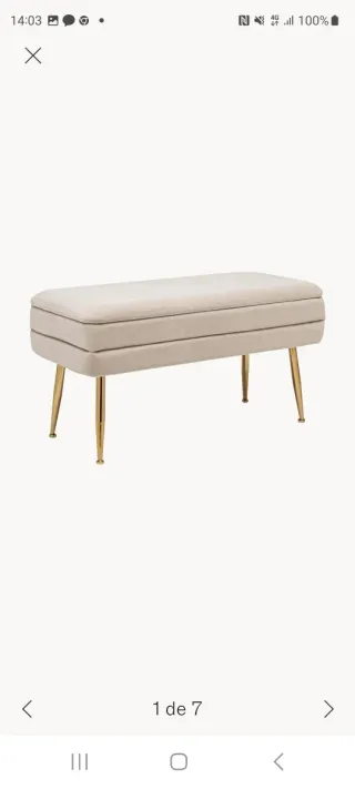 Banco de almacenaje beige y dorado