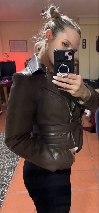 Chaqueta efecto cuero M chocolate forrada